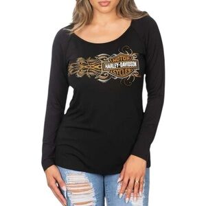 Harley-Davidson Embellished Bar & Shield Long Sleeve Scoop Neck Top Medium Black